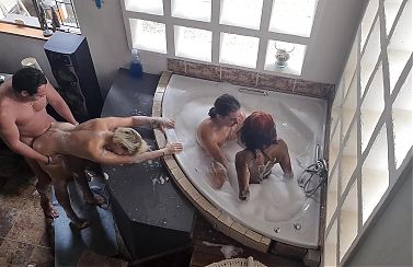 Spa bath three girls, one guy, orgy, reverse gangbang, Interracial